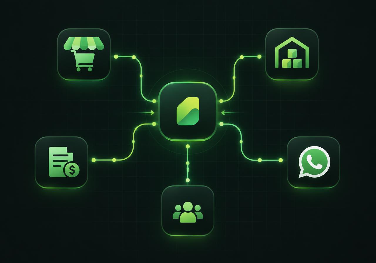Integration diagram connecting online store, ERP, accounting software, CRM and WhatsApp into a single application