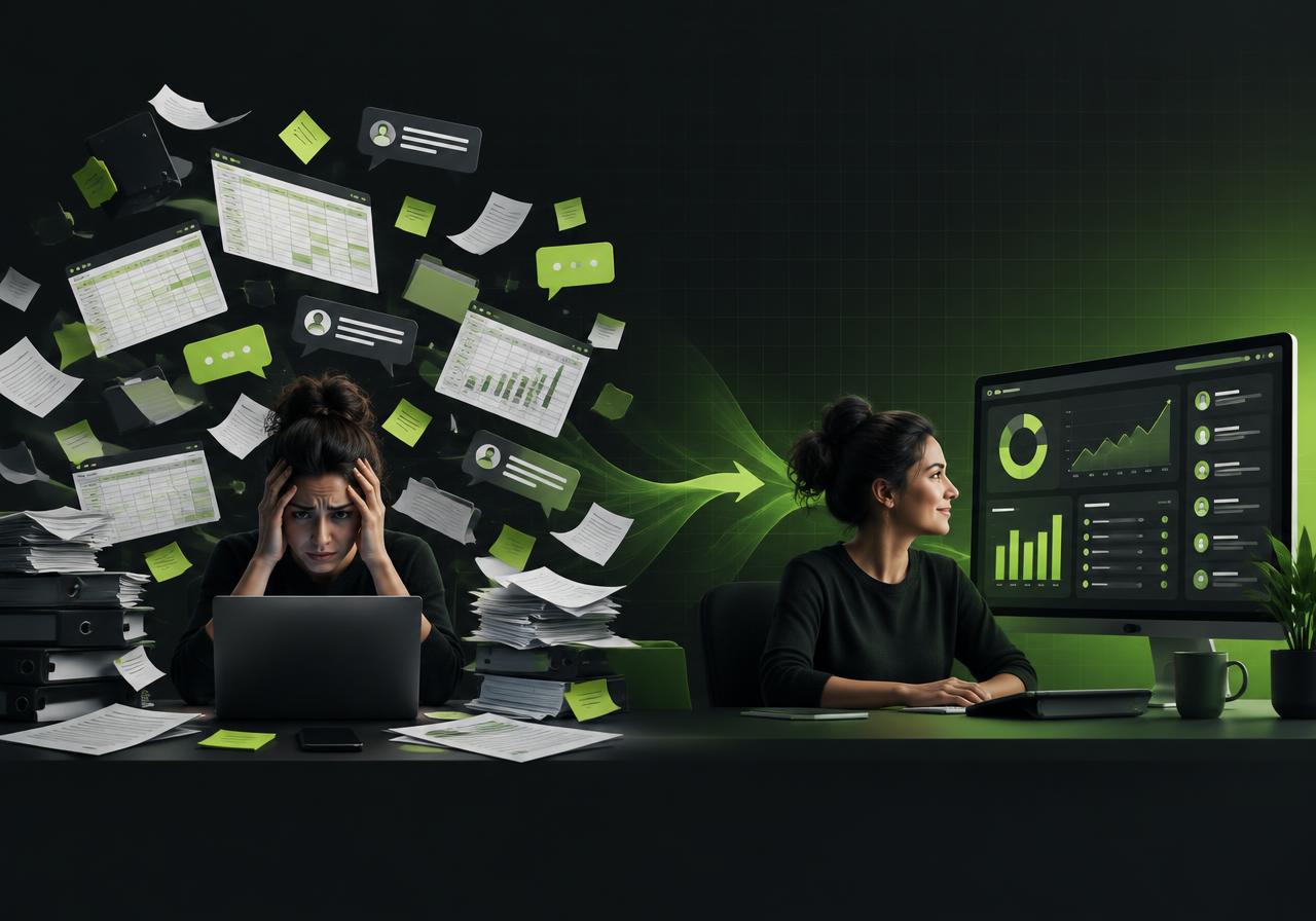 Business owner surrounded by spreadsheets, files and chats, facing a single centralized management dashboard